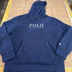 Polo Ralph Lauren Sherpa High Pile Fleece Hoodie Mens Sz L Blue Embroidered Logo